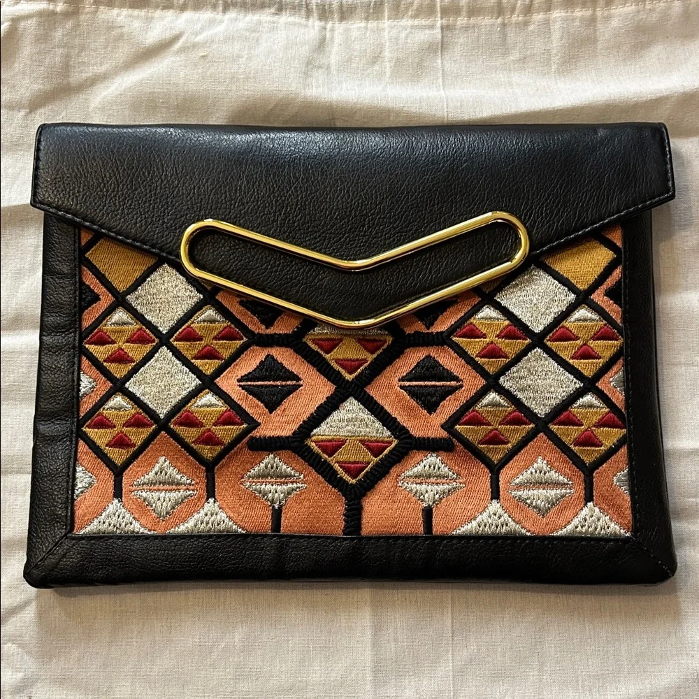 Lizzie Fortunato Leather and Embroidered Clutch with Gold Hardware - Picture 2 of 7
